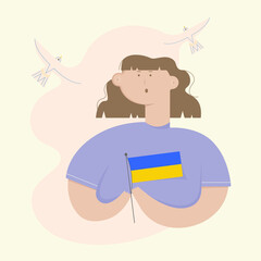 Ukrainian girl with Ukraine flag and free birds. Save Ukraine. Vector male and female Ukrainian characters.