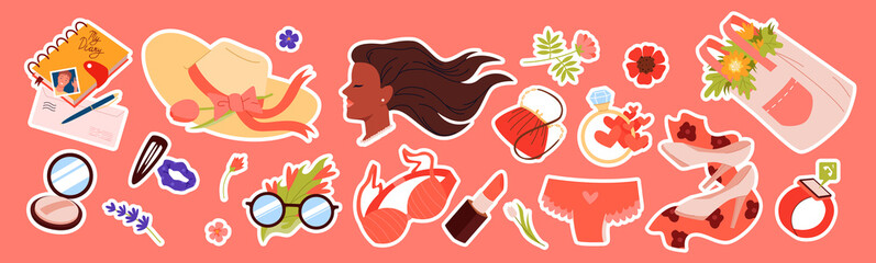 Beauty stickers for girls set vector illustration. Cartoon trendy appliques and female symbols collection with flowers, woman with long hair, hat and glasses, underwear. Fashion, accessory concept