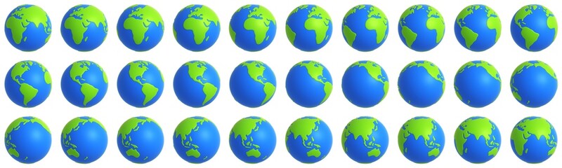 Cartoon stylized planet Earth rotation isolated on white background. Rotation animation Earth globe 3d icon. 12 degrees rotation. 3d rendering