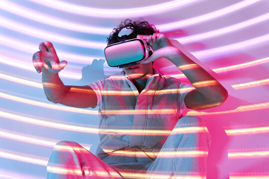 Front view of unrecognizable man in VR headset