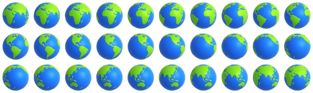 Cartoon stylized planet Earth rotation isolated on white background. Rotation animation Earth globe 3d icon. 12 degrees rotation. 3d rendering