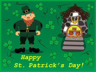 Fototapeta premium Saint Patrick's day card with leprechaun and a house of treasure