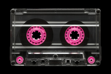 Old vintage audio cassette isolated on black background. Retro analog hifi music concept - obrazy, fototapety, plakaty