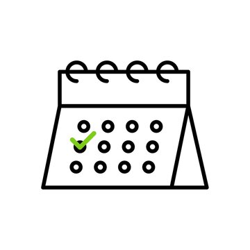 recommend clip art: Calendar, almanac or planning black line icon with check mark. Flip-up calendar. Flat isolated symbol, sign for: illustration, outline, logo, mobile, app, banner, design, web dev, ui. Vector EPS 10
