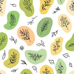 Seamless pattern made of leaves, twigs, herbs in eco colour shapes. Hand drawn design for prints on paper, fabric