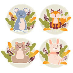 Set of animal drawings, bear, fox, rabbit, mouse in the leaves of a plant, pastel colors, delicate color, animals