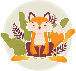 Drawing of a fox in the leaves of a plant, pastel colors, delicate color, animals