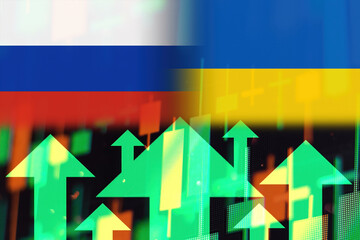 Rising stock prices amid the Russian Ukrainian conflict, shown by green arrows. 