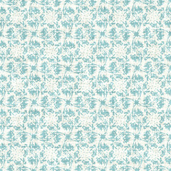 Aegean teal geo grid patterned linen texture background. Summer coastal living style wash check fabric effect. Sea green wash grunge distressed geometric grid. Home decor textile seamless pattern