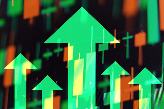 Increasing green arrows showing improvements in the economy or growth of stocks on the stock exchange. 