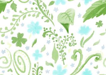 Beautiful hand drawn picture with green floral doodles and blue flowers on white background. Spring seamless pattern for backdrop.