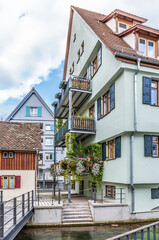 Ulm, Germany. Scenic view of old buildings on the banks of the river Blau