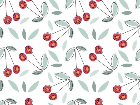 Seamless pattern with Abstract cherry with leaves, Continuous one line drawing isolated on white background. Fashionable trend Vector background for textile, wrapping paper, wallpaper, cover design