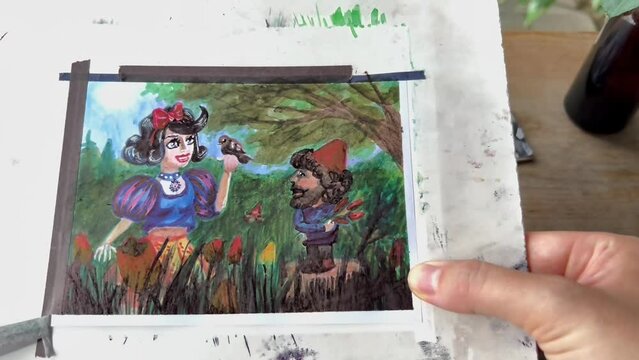 Time Lapse Footage Of Artist Peeling Off Washi Tape From Ready Marker Art Work With Snowwhite And Dwarf. Satisfying Process Of Finishing Picture Drawing.