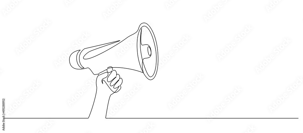 Poster one continuous line drawing of public horn speaker. megaphone symbol of marketing promotion in simpl