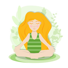 girl yoga asana lotus rest relax character sport pastime woman meditating green yellow nature flowers