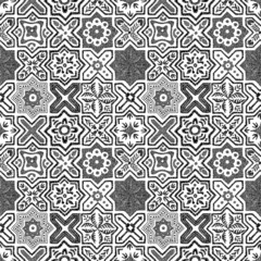 Tile embroidered seamless pattern. Black and white ornament in patchwork style. Vector illustration.