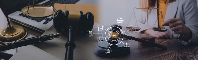 Male lawyer working with contract papers and wooden gavel on tabel in courtroom. justice and law ,attorney, court judge, concept.