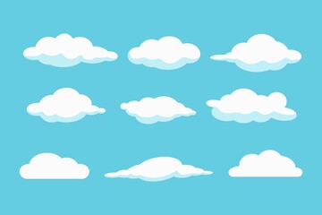 Set of clouds isolated on blue background. Flat style vector illustration