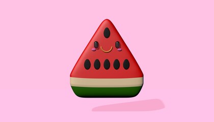 3D illustration of a watermelon slice character. Summer background. Bright illustration for summer.