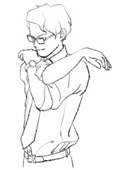 イラスト素材：袖をまくって笑顔ストレッチをする男性の手描きイラスト（線画のみ）