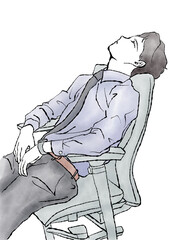 イラスト素材：オフィスチェアにもたれて目を閉じて一息休憩する男性の手描きイラスト