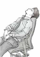 イラスト素材：オフィスチェアにもたれて目を閉じて一息休憩する男性の手描きイラスト（モノクロ）