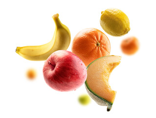 Fresh fruits levitate on a white background