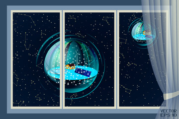 Window with Transparent Curtain. Christmas Snow Globe with Small House, Christmas Snowstorm Isolated on Night Background. Bright Holiday Gift on Sky Map of Hemisphere. Vector. 3D Illustration