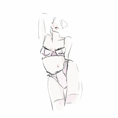 Young woman in lingerie. Female slender body. Hand drawn illustration, sketch. Vector