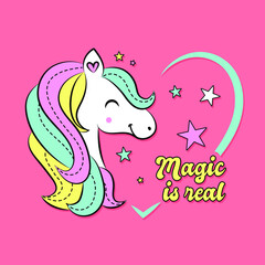 ILLUSTRATION OF A HAPPY AND MAGIC UNICORN WITH COLORFUL HAIR AND STARS, SLOGAN PRINT VECTOR