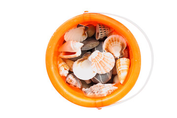 Seaside shells and pebbles in plastic orange bucket from above