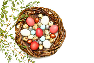 Nest with painted Easter eggs and eucalyptus branches on white background