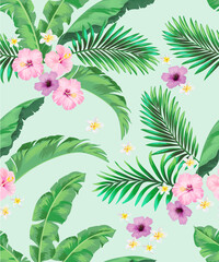 Tropical vector seamless background. Jungle pattern with exotic flowers and palm leaves. Stock vector. Summer vector vintage wallpaper