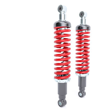 car shock absorbers with red spring on the white background.