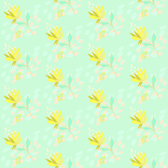 Vector seamless half-drop pattern, with leaves and flowers