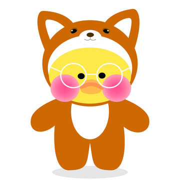The picture shows a popular soft toy yellow lalafanfan duck wearing a red kigurumi fox cub and round glasses on a white background