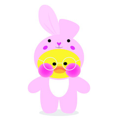 The picture shows the popular soft toy yellow lalafanfan duck wearing a pink kigurumi bunny  and round glasses on a white background