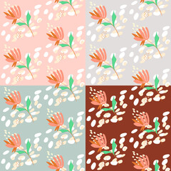 Vector seamless half-drop pattern, with leaves and flowers