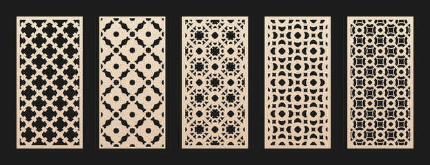 Laser cutting template. Vector set with floral geometric pattern, abstract grid, mesh. Oriental style design. Template for cnc cutting, decorative panels of wood, metal, paper. Aspect ratio 1:2