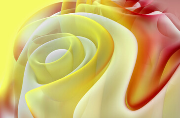 3d render of abstract art 3d background with part of surreal 3d alien flower sculpture in organic curve round wavy smooth and soft  bio forms in matte plastic material in yellow and red gradient color