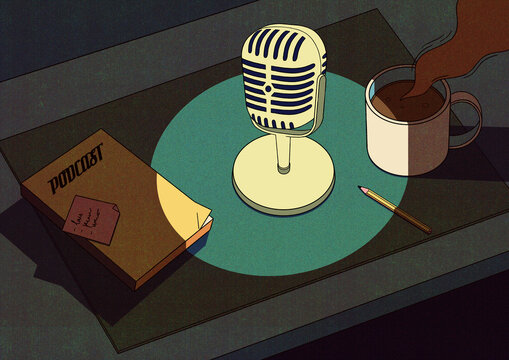 Microphone Book And Coffee Retro Illustration