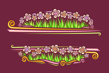 Vector Border for Wild Flowers with copyspace for text, horizontal coupon with illustration of simple chrysanthemums and cartoon gerber flowers on grass in row, decorative flourishes on red background