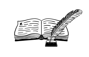 Magic book of spells with ink and feather. Retro writing accessories sketch. Hand drawn vector illustration