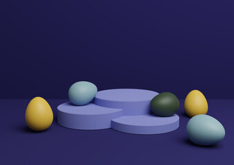 Dark blue 3D rendering of Easter themed product display podium or stand composition with colorful eggs minimal, simple for multiple products