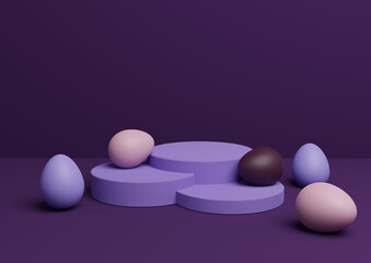Dark purple, violet 3D rendering of Easter themed product display podium or stand composition with colorful eggs minimal, simple for multiple products