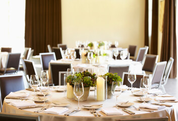 Close-up of wedding reception event setup space