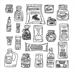 Vector doodle grocery store products. Hand drawn scetch icons. Food and drink. Natural canned, bakery and cereal products