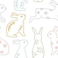Easter seamless pattern with cute linear bunnies with flowers and branches. Hand drawn spring background with rabbits. Childish vector texture for prints and textile. Flat cartoon illustration