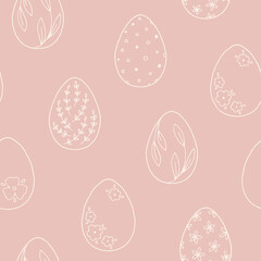 Hand drawn seamless pattern with linear Easter eggs with flowers and branches. Cute festive background for Easter holidays and spring design. Charming childish illustration in flat style